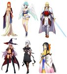  1boy armor black_hair blonde_hair blue_hair breasts dress frilled_skirt frills hat highres japanese_clothes kimono long_hair miniskirt multiple_girls ninja orange_hair pointy_ears short_hair skirt sword toushin_toshi very_long_hair weapon white_background white_hair witch witch_hat 