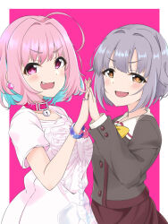  2girls ahoge aqua_hair asymmetrical_docking bangle blush bracelet breast_press breasts collar collarbone earrings fang from_side hair_flaps hand_up heart-shaped_lock highres idolmaster idolmaster_cinderella_girls interlocked_fingers jewelry koshimizu_sachiko large_breasts long_sleeves looking_at_viewer medium_hair multicolored_hair multiple_girls open_mouth pill_earrings pill_ring pink_background pink_collar pink_eyes pink_hair ring shirt short_sleeves skeleton_print skirt small_breasts smug tsunakanten two-tone_hair v-shaped_eyebrows yumemi_riamu 