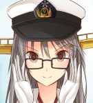  1girl bespectacled brown_eyes glasses gloves hair_ornament hairclip haruna_(kantai_collection) hat headgear kanpyo_(hghgkenfany) kantai_collection looking_at_viewer peaked_cap portrait silver_hair smile solo white_gloves 