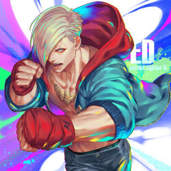  1boy abs blonde_hair blue_eyes blue_hoodie blue_pants character_name collarbone commentary copyright_name cowboy_shot denim ed_(street_fighter) fighting_stance fingerless_gloves gloves groin hair_over_one_eye highres hood hoodie jeans jewelry male_focus male_underwear male_underwear_peek multicolored_clothes multicolored_hoodie necklace one_eye_covered open_clothes open_hoodie open_mouth pants pectorals punching red_gloves red_hood solo street_fighter street_fighter_6 talgi teeth underwear unzipped zipper 