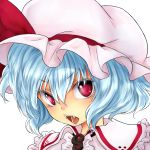  1girl blue_hair chikado fang hat looking_back open_mouth red_eyes remilia_scarlet short_hair solo touhou 
