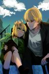  1boy 1girl ahoge blonde_hair child fate/stay_night fate_(series) gilgamesh green_eyes highres jisue10 petting plant potted_plant red_eyes saber time_paradox younger 