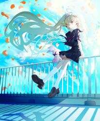  1girl absurdly_long_hair absurdres arm_support bandaged_wrist bandages black_footwear black_sailor_collar black_serafuku black_skirt blonde_hair blue_sky closed_mouth day dorsiflexion floating_hair full_body hair_ornament hand_on_railing highres kneehighs loafers long_hair looking_afar looking_to_the_side miniskirt natori_sana neckerchief on_railing outdoors petals pleated_skirt ponytail railing red_eyes red_neckerchief red_petals sa_jitsu sailor_collar sana_channel school_uniform serafuku shadow shoes short_sleeves sitting skirt sky socks solo stuffed_animal stuffed_rabbit stuffed_toy very_long_hair virtual_youtuber white_socks 