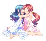  2girls :d bare_arms barefoot blue_eyes blue_hair breasts closed_mouth dress eyebrows_visible_through_hair hanasaki_tsubomi heartcatch_precure! highres hug kurumi_erika long_hair looking_at_viewer multiple_girls open_mouth pink_dress precure red_eyes redhead short_hair sideboob simple_background sitting sleeveless sleeveless_dress smile tenkuu_nozora twintails white_background 