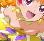  1girl :d amanogawa_kirara breasts cleavage cure_twinkle earrings go!_princess_precure haruyama_kazunori jewelry long_hair magical_girl open_mouth orange_hair precure redhead smile solo star star_earrings violet_eyes 