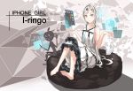  1girl :3 apple_inc. bare_shoulders barefoot blush_stickers dress expressionless grey_eyes hair_ornament hairclip highres holographic_interface long_hair original personification sitting white_hair 