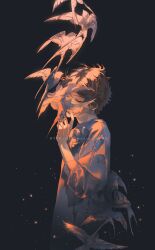  1boy bird black_background brown_hair closed_eyes grey_sweater highres male_focus original rido_(ridograph) short_hair solo sweater 