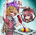  2girls american_flag_shirt arm_up bare_shoulders blonde_hair chain closed_eyes clothes_writing clownpiece collar english fairy_wings food hat hecatia_lapislazuli jester_cap ketchup long_hair migi_tonari multiple_girls omurice open_mouth red_eyes redhead smile star striped touhou very_long_hair wings 