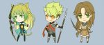  1girl 2boys archer_of_black archer_of_red armor bow_(weapon) brown_hair chibi fate/apocrypha fate_(series) green_hair heru_(goldprin) multiple_boys polearm rider_of_red spear weapon 