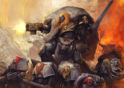  adeptus_astartes angry armor battle beard bolter bullet facial_hair facial_tattoo fire helwinter holding holding_sword holding_weapon leman_russ mjalnar multiple_boys orange_hair power_armor primarch ruins space_wolves spacecraft sword tattoo warhammer_40k weapon 