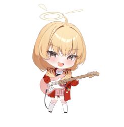  1girl :d absurdres andamiro blue_archive chibi electric_guitar guitar halo highres holding holding_instrument instrument looking_at_viewer official_alternate_costume open_mouth smile yellow_halo yoshimi_(band)_(blue_archive) yoshimi_(blue_archive) 