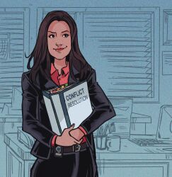  1girl amy_santiago belt black_eyes black_suit brooklyn_nine-nine brown_hair closed_mouth commentary cowboy_shot english_commentary gabriel_picolo highres holding indoors long_hair looking_to_the_side red_lips red_shirt shirt smile solo suit 