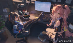  2girls absurdres black_hair black_pants black_ribbon black_shorts black_sleeves blue_footwear blue_jacket breasts chair clothing_cutout computer_keyboard crossed_ankles crt cutoffs detached_sleeves eous_(zenless_zone_zero) green_eyes high-waist_pants highres holster indoors jacket jian_jiao_de_zhu large_breasts legs_on_table long_hair looking_at_viewer metal_hairband monitor multicolored_hair multiple_girls nicole_demara office_chair on_chair open_mouth pants pink_hair police police_uniform policewoman ponytail ribbon shorts shoulder_cutout shoulder_holster single_thighhigh sitting strapless streaked_hair swivel_chair thigh-highs tight_clothes tight_pants torn_clothes torn_thighhighs tube_top two_side_up uniform weibo_watermark white_tube_top zenless_zone_zero zhu_yuan zzz 