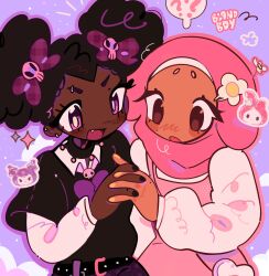  2girls afro afro_puffs belt black_hair black_shirt blandboyx blush borrowed_design bright_pupils brown_eyes commentary curly_hair dark-skinned_female dark_skin double_bun english_commentary fang flower goth_fashion hair_bun highres hijab holding_hands humanization kuromi long_sleeves multiple_girls my_melody onegai_my_melody open_mouth overall_skirt pink_skirt purple_background sanrio shirt skirt skull upper_body very_dark_skin violet_eyes white_pupils yuri 