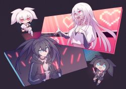  2girls bikini black_choker black_rock_shooter black_rock_shooter_(character) black_rock_shooter_(game) black_shorts blue_eyes chibi choker highres long_hair mehyuew39 microphone multiple_girls red_eyes scar shorts swimsuit twintails uneven_twintails white_choker white_hair white_rock_shooter 