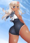  1girl ass blue_eyes blush chiro clouds flower hair_flower hair_ornament kantai_collection long_hair looking_at_viewer open_mouth ro-500_(kantai_collection) school_uniform silver_hair sky solo swimsuit swimsuit_under_clothes tan tanline 