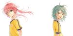  2boys aqua_eyes aqua_hair inazuma_eleven_(series) inazuma_eleven_go kariya_masaki kirino_ranmaru lightning_bolt long_hair male_focus multiple_boys pink_hair raimon raimon_soccer_uniform riho simple_background soccer_uniform sportswear twintails upper_body white_background 