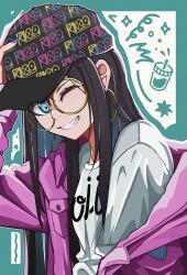  1girl absurdres baseball_cap black_hair blue_eyes doodle_inset earrings goma_(gogo_gowa) grin hair_down hand_on_headwear hat highres hoop_earrings idolmaster idolmaster_shiny_colors jacket jewelry long_hair long_sleeves mitsumine_yuika official_alternate_costume official_alternate_hairstyle one_eye_closed pink_jacket portrait print_headwear print_shirt round_eyewear shirt smile solo unmoving_pattern white_shirt 