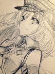  1girl alisa_ilinichina_amiella bare_shoulders close-up god_eater hat long_hair looking_at_viewer monochrome simple_background sketch solo 