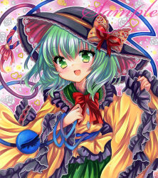  1girl black_hat bow bowtie embellished_costume frilled_shirt frills green_eyes green_hair green_skirt hat hat_bow komeiji_koishi long_sleeves looking_at_viewer marker_(medium) medium_hair open_mouth orange_bow red_bow red_bowtie red_eyes rui_(sugar3) sample_watermark shirt skirt smile solo touhou traditional_media upper_body watermark wide_sleeves yellow_shirt 