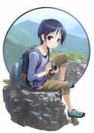  1girl backpack bag black_hair blue_eyes camera highres kurosaki_honoka mountain short_hair solo yama_no_susume 