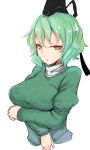  1girl breasts green_eyes green_hair hat japanese_clothes kitunemimi large_breasts looking_at_viewer open_mouth short_hair simple_background soga_no_tojiko solo tate_eboshi touhou white_background 