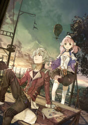  1boy 1girl absurdres aircraft airship atelier_(series) atelier_escha_&amp;_logy black_choker black_skirt bracelet braid breasts brown_pants choker clouds escha_malier fingerless_gloves gloves green_eyes hand_on_own_knee hat hidari_(left_side) highres jacket jewelry knee_up logix_ficsario long_hair long_sleeves looking_to_the_side looking_up necklace official_art open_mouth outdoors pants parted_lips pink_hair pouch purple_jacket red_jacket shirt short_hair sitting skirt sky small_breasts smile standing tail thigh-highs tree twintails white_hat white_shirt white_thighhighs wind 