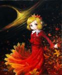  1girl absurdres aki_shizuha artist_name autumn_leaves bangs blonde_hair ears gradient_skirt hair_ornament highres leaf_hair_ornament long_sleeves perspective red_pupils red_shirt red_skirt shirt short_hair signature skirt smile solo standing touhou u-eruto water wind yellow_eyes 