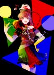  1girl black_background black_shirt chain clothes_writing collar earth_(ornament) hand_on_hip hand_up hat hecatia_lapislazuli kimochi long_hair looking_at_viewer moon_(ornament) multicolored_skirt musical_note off-shoulder_shirt open_mouth red_eyes redhead shirt simple_background smile solo touhou triangle 