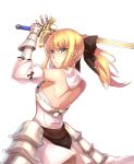  1girl absurdres ahoge armor armored_dress bare_shoulders blonde_hair bow caliburn detached_sleeves dress fate/unlimited_codes fate_(series) faulds gauntlets green_eyes hair_bow highres ling_luo_xi_yang ponytail saber saber_lily solo sword weapon white_background 