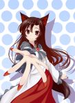  1girl absurdres animal_ears brown_hair fang foreshortening fox_ears highres imaizumi_kagerou juoto long_hair looking_at_viewer outstretched_arm smile solo touhou 