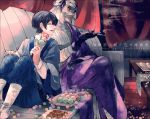  2boys bandages black_hair closed_eyes dango food japanese_clothes liarhatter multiple_boys pipe red_eyes rurouni_kenshin seta_soujirou shishio_makoto short_hair smile wagashi 