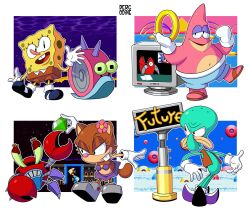  1girl 3boys animal_nose aqua_skin bald big_nose bikini bikini_skirt blue_shorts body_fur boots brown_fur brown_shorts brown_vest buck_teeth chaos_emerald colored_skin crab crabmeat_(sonic) eyeshadow flower_ornament frown gary_the_snail gem gloves gold_ring grey_footwear half-closed_eyes hand_up highres holding holding_gem holding_jewelry holding_ring jewelry looking_at_viewer makeup monitor mr._krabs multicolored_footwear multiple_boys multiple_legs navel no_pants non-humanoid_robot open_clothes open_mouth open_vest outline parody patrick_star percodine pink_skin pointy_footwear purple_bikini purple_footwear purple_skirt ring ring_(sonic) robot robot_animal sandals shorts signpost skirt smile snail sonic_(series) sonic_cd sonic_the_hedgehog_(classic) spongebob_squarepants spongebob_squarepants_(character) spongebob_squarepants_(series) squidward_tentacles squirrel_girl style_parody swimsuit teeth v-shaped_eyes vest waving white_footwear white_gloves white_outline yellow_skin 