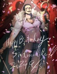  1boy ascot black_hair cane cigar coat coat_on_shoulders confetti crocodile_(one_piece) dated fur_trim hair_slicked_back hand_up happy_birthday highres holding holding_cane hook hook_hand male_focus one_piece open_mouth red_curtains scar scar_on_face shadow smile smoking solo ukari vest 