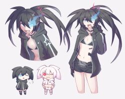  2girls belt bikini black_bikini black_footwear black_gloves black_hair black_rock_shooter black_rock_shooter_(character) black_rock_shooter_(game) black_shorts blue_eyes blue_fire choker coat fire flaming_eye gloves highres mehyuew39 multiple_girls one_eye_closed red_eyes scar sharp_teeth shorts star_(symbol) swimsuit teeth twintails uneven_twintails white_background white_rock_shooter 