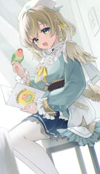  1girl artist_name bird bird_on_hand blonde_hair blue_eyes blue_shirt blue_skirt book braid breasts commission crown_braid day feet_out_of_frame frilled_shirt_collar frilled_sleeves frills from_below from_side hair_ribbon hand_up hat highres holding holding_book indie_virtual_youtuber indoors kozuya_chill lace-trimmed_skirt lace_trim large_breasts long_sleeves looking_at_viewer miniskirt momoyama_momo neck_ribbon nurse_cap on_chair open_mouth panties parrot pleated_skirt ribbon shirt short_hair sitting skeb_commission skirt solo underwear virtual_youtuber white_hat white_panties wings yellow_ribbon 