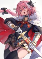  1boy absurdres armor astolfo_(fate) black_bow black_thighhighs bow braid cape commentary cowboy_shot fang fate/apocrypha fate_(series) fur-trimmed_cape fur_trim garter_straps gauntlets gold_trim hair_bow hair_intakes hakusyokuto highres holding holding_sword holding_weapon horn_(instrument) long_braid long_hair looking_at_viewer male_focus multicolored_hair open_mouth otoko_no_ko pink_hair red_cape simple_background single_braid solo streaked_hair sword thigh-highs thighs two-tone_cape violet_eyes weapon white_background white_cape white_hair 