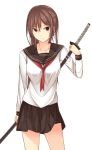  1girl brown_eyes brown_hair hair_ornament hairclip kanpyo_(hghgkenfany) katana long_hair looking_at_viewer neckerchief original pleated_skirt school_uniform serafuku skirt smile solo sword weapon white_background 