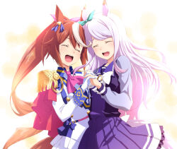  2girls animal_ears ascot blush brown_hair closed_eyes commentary_request epaulettes gloves highres holding_hands horse_ears horse_girl horse_tail interlocked_fingers izumi_mahiru long_hair mejiro_mcqueen_(umamusume) multicolored_hair multiple_girls open_mouth pink_ascot ponytail school_uniform serafuku single_epaulette smile streaked_hair tail tokai_teio_(umamusume) tracen_school_uniform two-tone_hair umamusume upper_body white_hair 