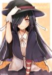  1girl black_hair blush hair_over_one_eye halloween halloween_costume hat hayashimo_(kantai_collection) kantai_collection long_hair looking_at_viewer red_eyes solo twitter_username violet_eyes white_glove witch_hat yukihama 