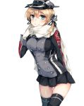  1girl blonde_hair blush breasts gloves hair_ornament hat kantai_collection long_hair looking_at_viewer military military_uniform peaked_cap prinz_eugen_(kantai_collection) rinarisa scarf smile solo thigh-highs twintails uniform 