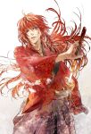  1boy himura_kenshin japanese_clothes katana kibi_(kibi.ibik) long_hair ponytail redhead rurouni_kenshin scar sword violet_eyes weapon 