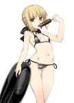  1girl bare_shoulders bikini black_bikini blonde_hair bow breasts eating fate/stay_night fate_(series) hair_bow innertube namonashi navel open_mouth popsicle saber saber_alter shiny shiny_clothes shiny_hair short_hair side-tie_bikini simple_background solo swimsuit white_background yellow_eyes 