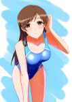  1girl brown_eyes brown_hair competition_swimsuit highres idolmaster idolmaster_cinderella_girls leaning_forward long_hair nitta_minami one-piece_swimsuit shuuzen swimsuit 