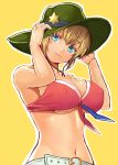  1girl armpits bare_arms bare_shoulders belt bikini bikini_top blonde_hair blue_eyes breasts cleavage covered_nipples cowboy_hat front-tie_top hat kibamigohann light_smile looking_at_viewer midriff monster_strike navel red_bikini simple_background smile solo star swimsuit under_boob upper_body yellow_background 