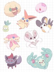  ^_^ appyon_(archangel_ayp) audino black_fur blue_eyes brown_fur closed_eyes commentary_request emolga fangs grey_fur grid_background highres minccino munna no_humans one_eye_closed open_mouth orange_eyes petilil pokemon pokemon_(creature) red_eyes red_fur reuniclus smile solid_oval_eyes victini whimsicott zorua 