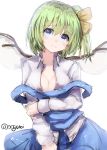  1girl blue_eyes blush breasts cleavage colored daiyousei fairy_wings green_hair hair_ornament hair_ribbon head_tilt long_sleeves looking_to_the_side off_shoulder ribbon shirt short_hair side_ponytail simple_background sketch skirt skirt_set solo touhou twitter_username vest white_background wings wowoguni 