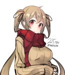  1girl brown_hair kantai_collection long_hair murasame_(kantai_collection) nekobaka red_eyes ribbed_sweater scarf solo sweater twintails 