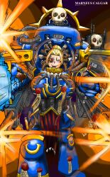  absurdres adeptus_astartes bionic character_request cup firing gun highres holding holding_cup holding_sword holding_weapon marneus_calgar non-web_source sword ultramarines weapon 