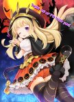  1girl ;p azuma_yuki blonde_hair cagliostro_(granblue_fantasy) cape crown granblue_fantasy halloween hat long_hair looking_at_viewer one_eye_closed solo thigh-highs tongue tongue_out v violet_eyes 